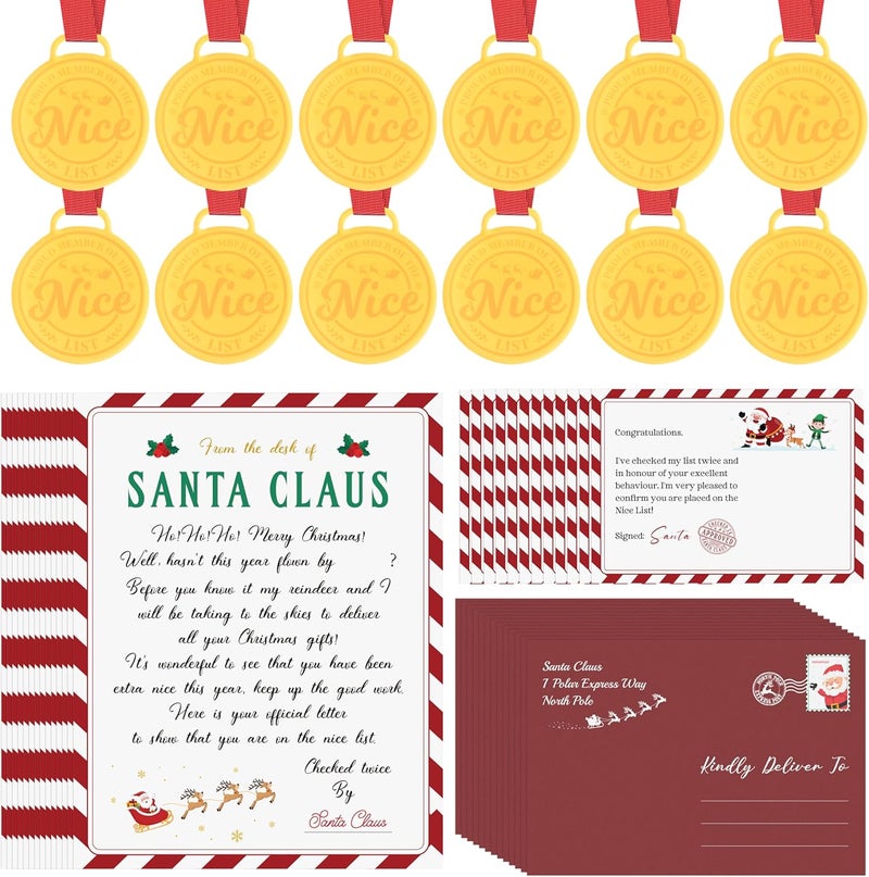 TICIAGA 12 Pack Christmas Official Letter and Certificate from Santa Claus, Included Santa Nice List Medal with Red Neck Ribbon Certificate North Pole and Envelopes for Kids Xmas Family Party Favors - Image 1